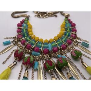 Ethnic Boho Bead Fabric Statement Necklace Fringe Tassel Earrings Gold Tone